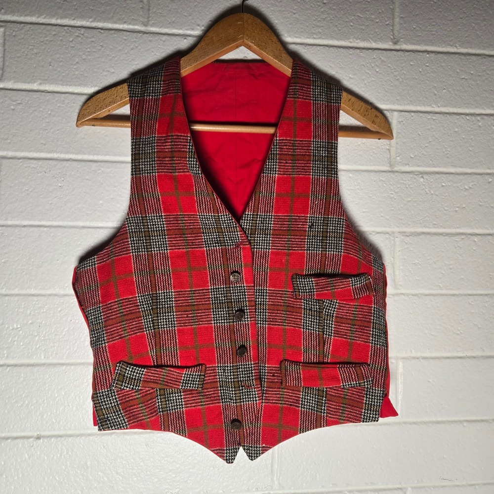 Vtg Reversable Mens Vest Plaid Red Wool Blend Button Front Waistcoat Christmas L